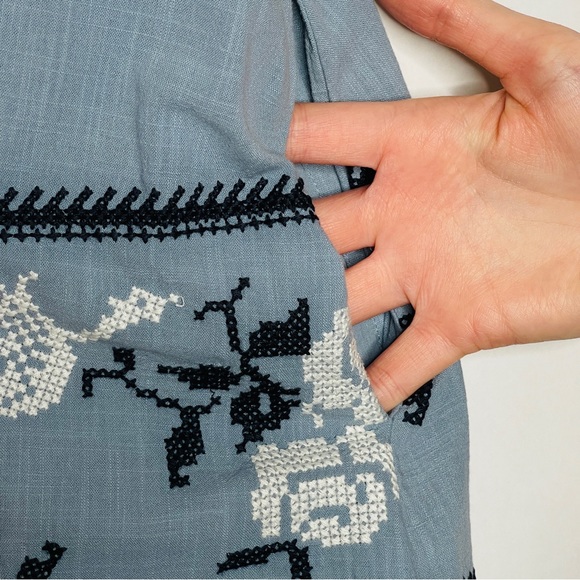 Madewell Dress Blue Embroidered Mini Puff Sleeve Cotton Flowy Tunic SZ 0 - Picture 9 of 12